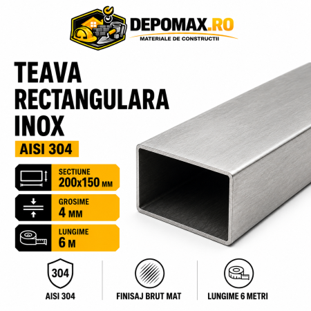 Teava rectangulara inox AISI 304, 200 x 150 x 4 mm, 6 metri